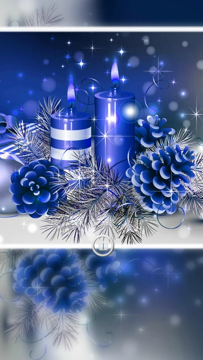 Elegant Blue Christmas Candles and Pine Cones