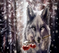 Loup majestueux orné de neige, tenant des baies rouges dans sa bouche au milieu d'une forêt enneigée.