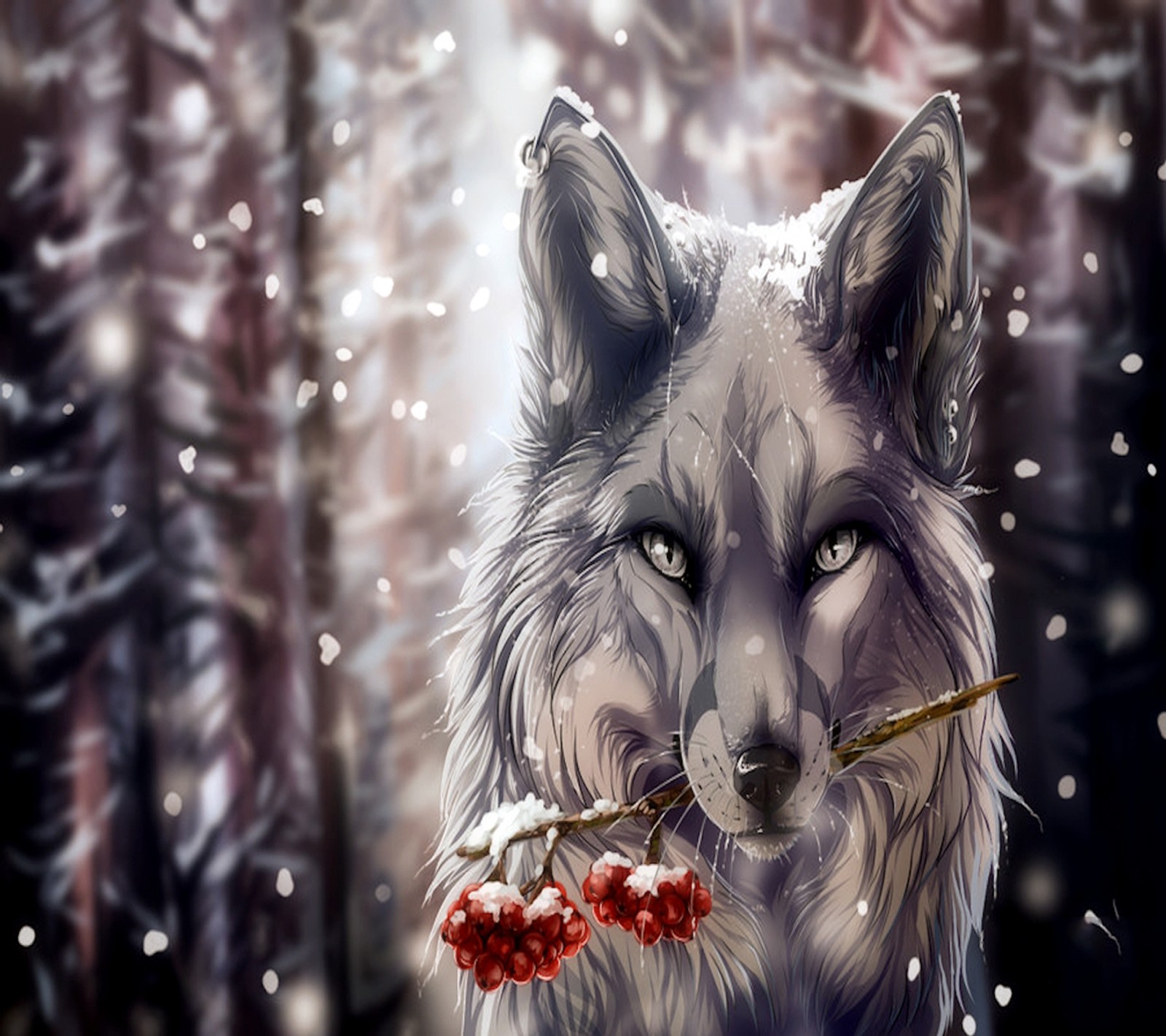 Ein wolf mit einem zweig voller beeren im mund (schön, der wolf)