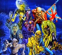 Eddie from Iron Maiden: The Iconic Metal Mascot in a Vivid Group Portrait