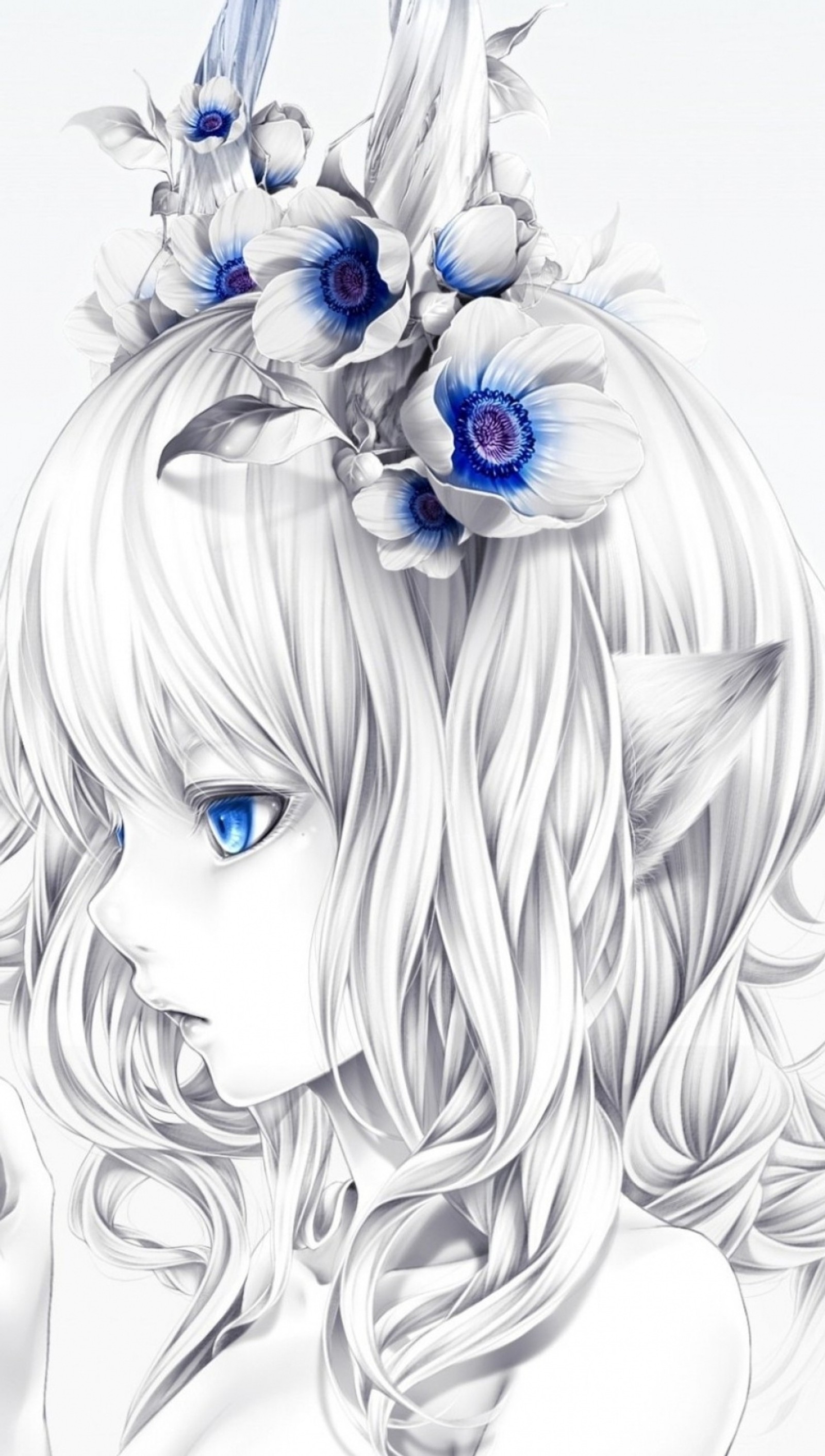 Une fille anime avec des fleurs dans les cheveux (bleu, fleur, fille)