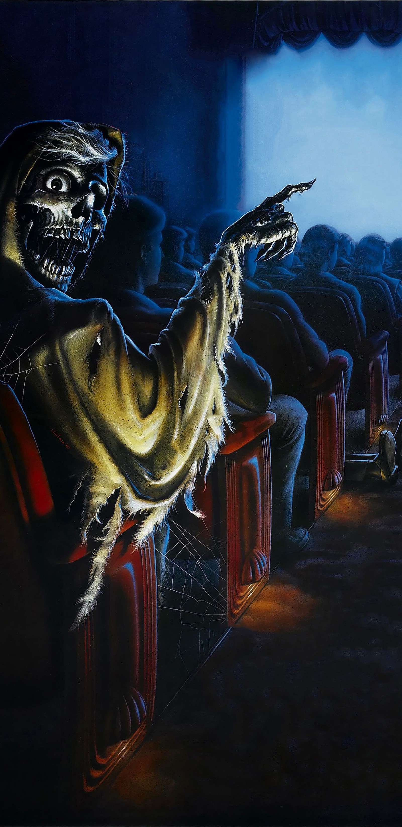 Une peinture d'un squelette assis dans un cinéma à regarder un film (génial, creepshow, hd, horreur, film)