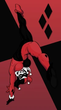 Harley Quinn em pose dinâmica contra um fundo vermelho e preto ousado