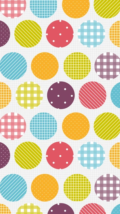 Colorful patterned dots on a white background.