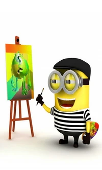 Minion Artista Pintando un Monstruo Colorido