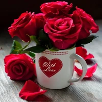 Avec amour : Roses rouges dans une tasse en forme de cœur