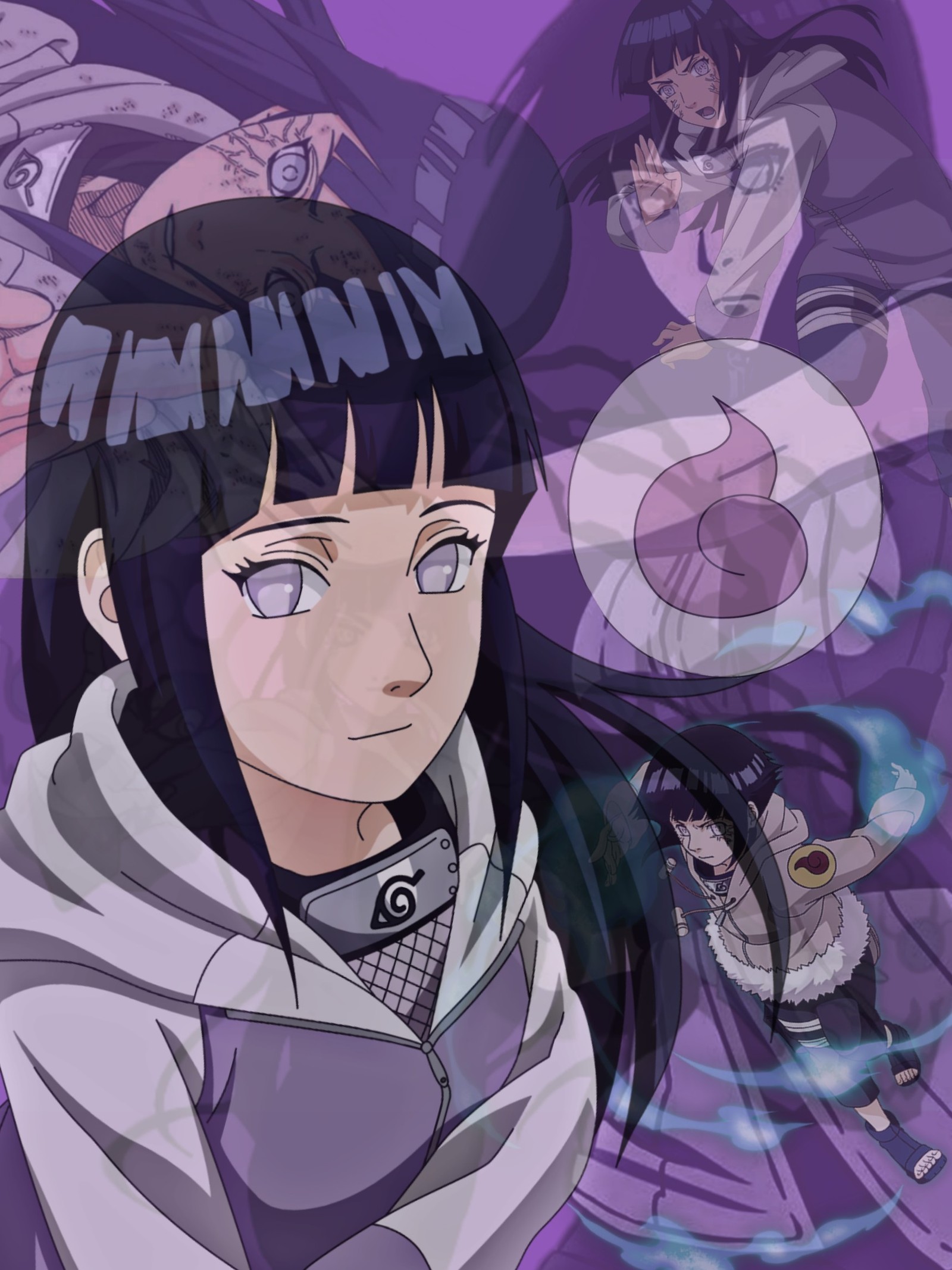 Personajes de anime con diferentes expresiones y colores en un fondo púrpura (byakugan, hinata, naruto, s8, shippuden)