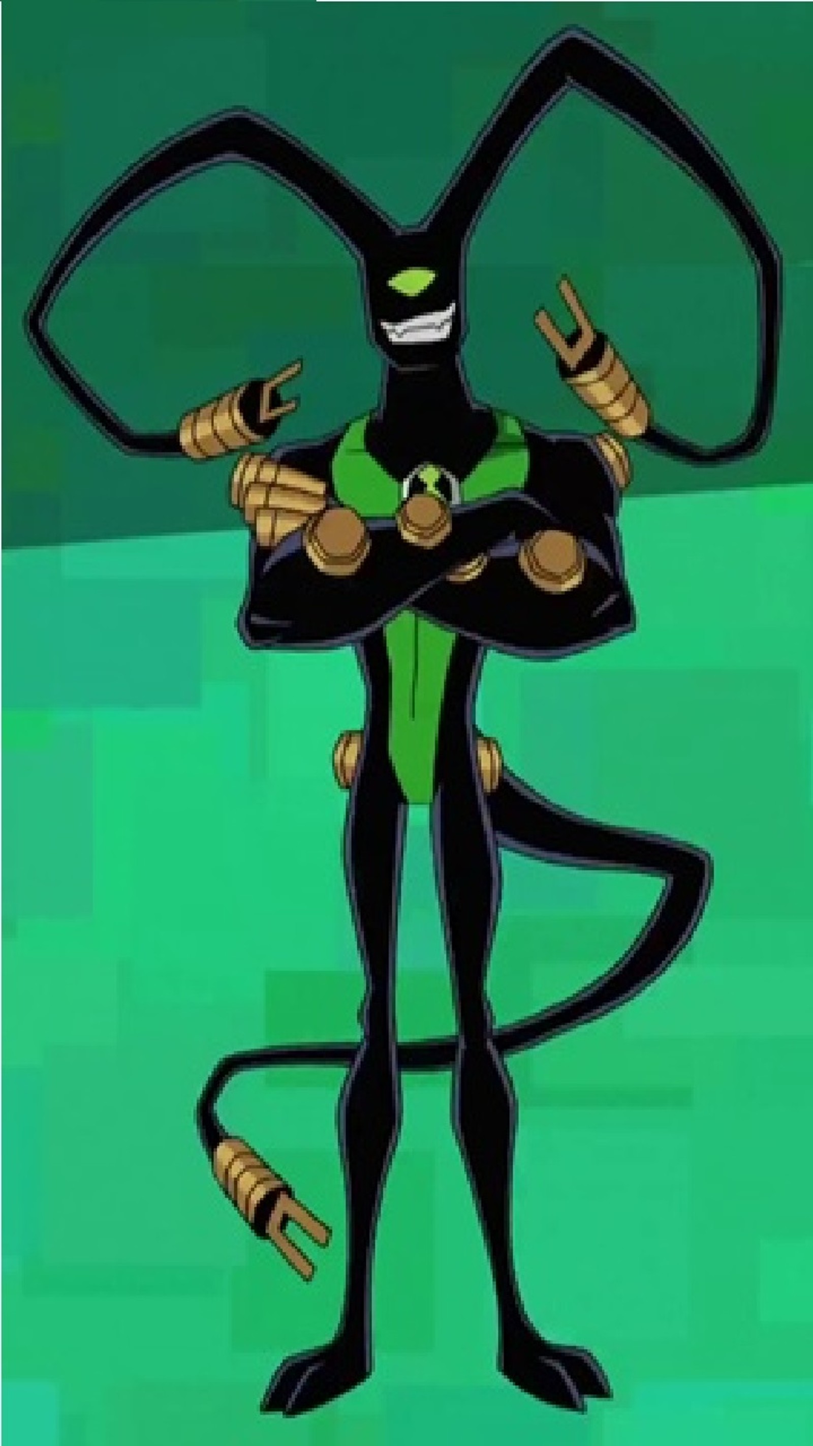 A cartoon character with a green and black outfit and a black mask (ben 10, ben 10 aliens, feedback)