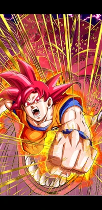 Goku verwandelt sich in Super Saiyajin Gott in epischer Kampfpose