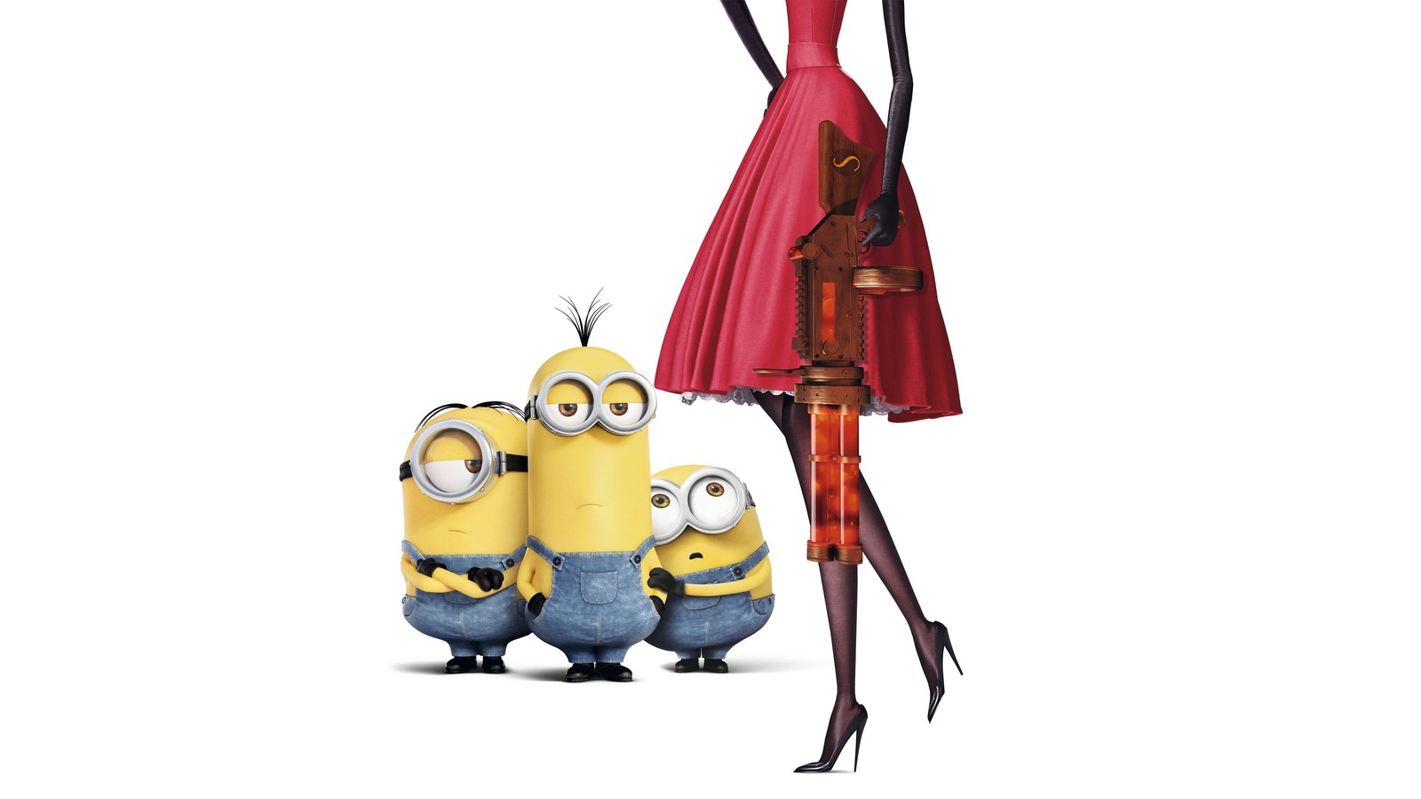 Une femme en robe rouge et des minions se tiennent côte à côte (stuart le minion, stuart the minion, affiche de film, affiche, illustration)