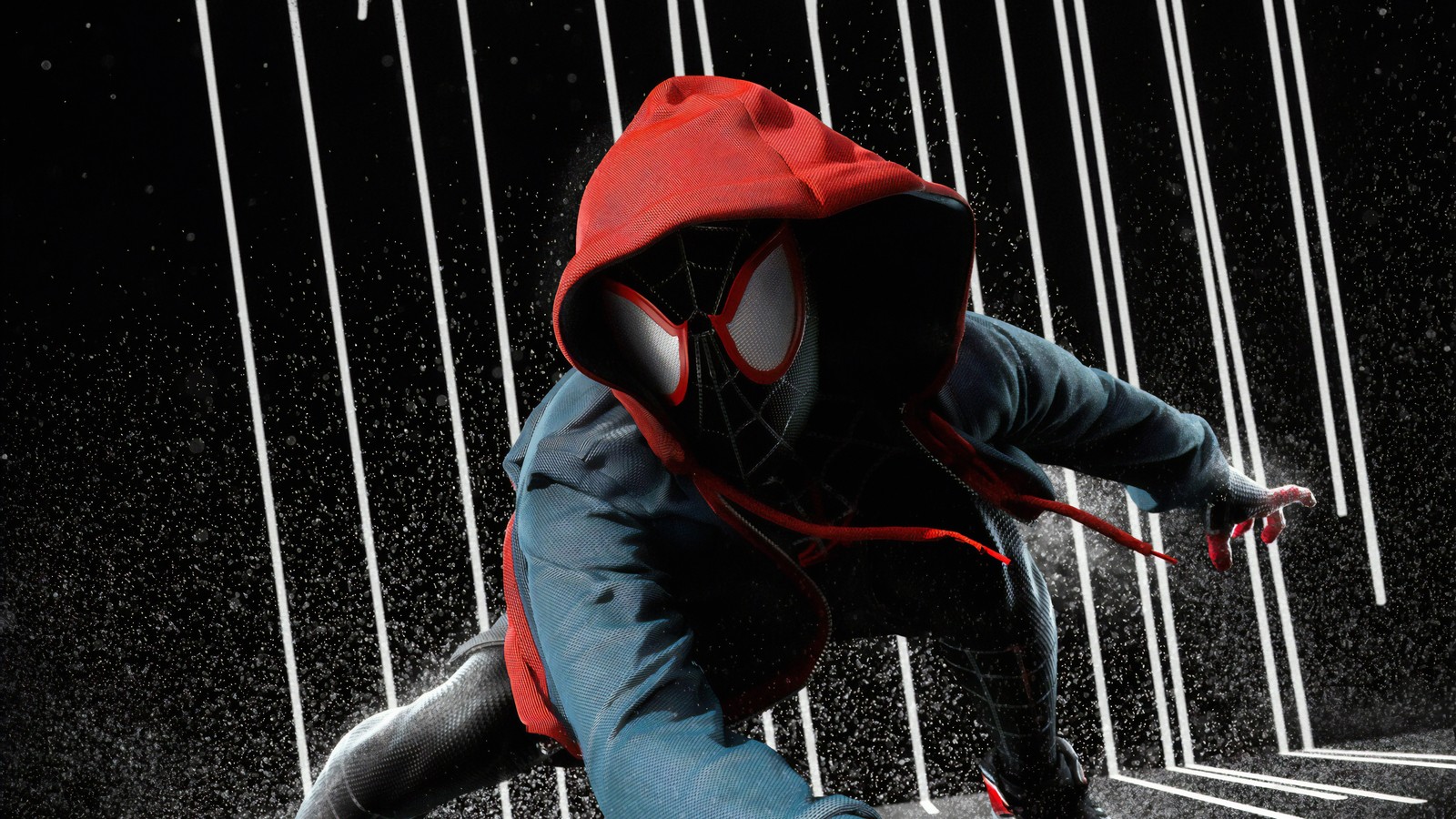 Spiderman en un hoodie rouge et un costume noir et bleu (spider man, miles morales, marvel comics, bandes dessinées)