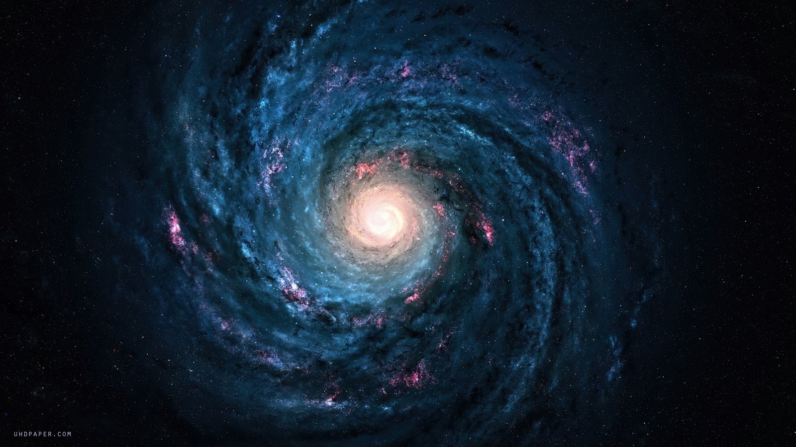 Uma galáxia espiral com um centro azul brilhante e um centro vermelho brilhante (via láctea, galáxia, espaço)