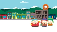 Personagens de South Park na frente da placa da cidade com montanhas cobertas de neve