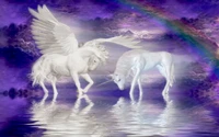 Unicornio majestuoso y pegaso bajo un cielo de arcoíris