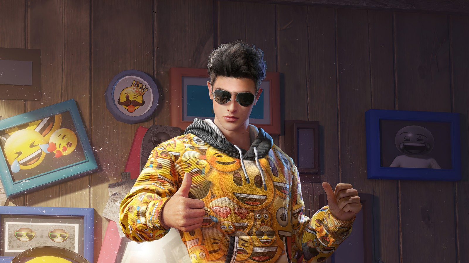 Araffe in a yellow shirt and sunglasses giving a thumbs up (pubg, pubg mobile, playerunknowns battlegrounds, video game, emoji lover)