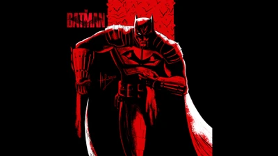 Dynamische Illustration von Batman in einem auffälligen rot-schwarzen Farbschema, das sein ikonisches Kostüm und sein intensives Auftreten zeigt.