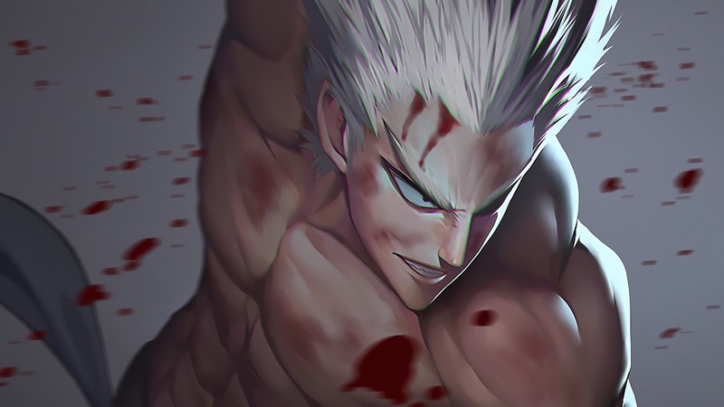 Крупный план человека с окровавленным лицом и мечом (гару, garou, one punch man, аниме, anime)