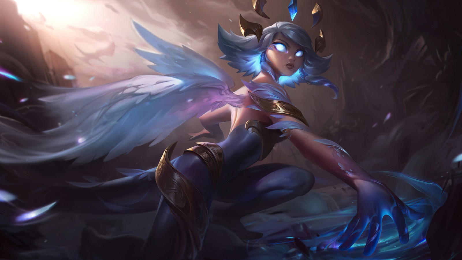 Une femme aux cheveux bleus et aux ailes dans une grotte sombre (neeko, dawnbringer, lol, league of legends, jeu vidéo)