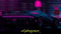 Supercarro futurista na estética cyberpunk com acentos de néon