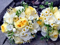 Elegante gelbe und weiße Blumensträuße mit Rosen und Gänseblümchen