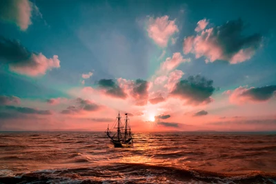 Majestuoso atardecer sobre el océano con un barco de vela