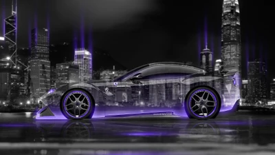 Mazda RX-7 estilizado contra um cenário urbano futurista