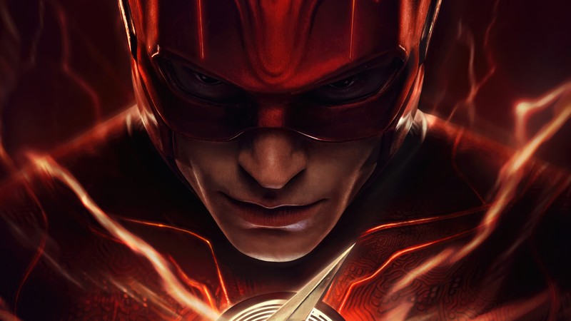 Крупный план мужчины в костюме флэш с красным флэшем (флэш 2023, the flash 2023, фильм, постер)