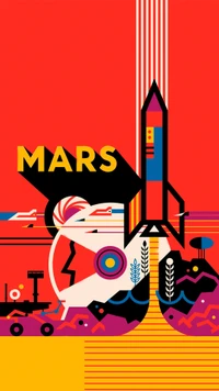 Póster estilizado de exploración de Marte con cohete y rover en colores audaces