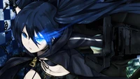 Retrato dinâmico de Black Rock Shooter com acentos azuis marcantes