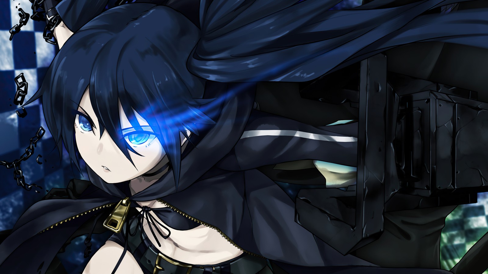 Primer plano de una persona con una cámara cerca de un edificio (niñas de anime, black rock shooter, anime)