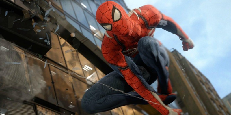 Человек-паук прыгает в воздухе перед зданием (spider man, игры инсомниак, insomniac games, супергерой, видеоигры)