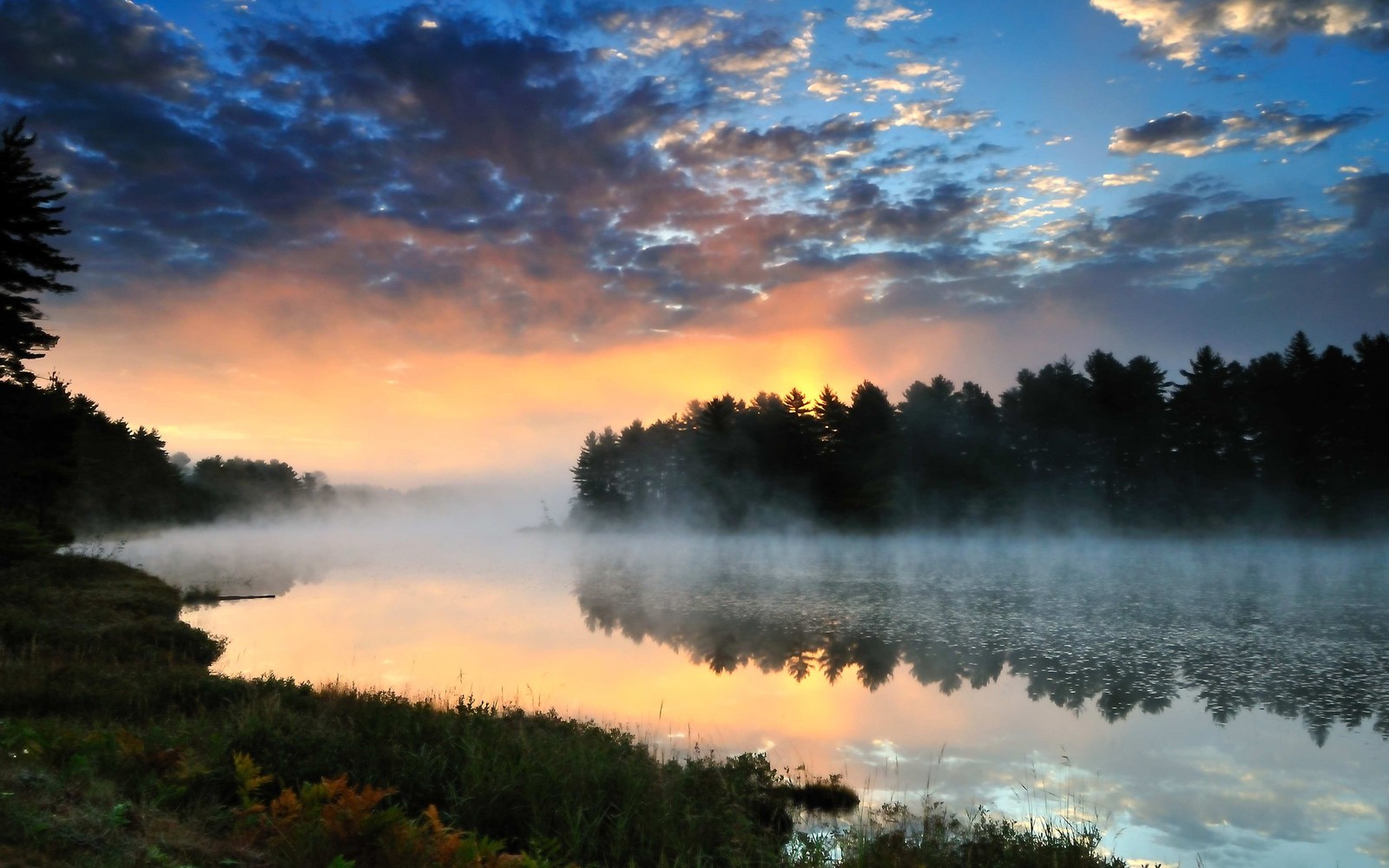 Blick auf einen see mit nebligem himmel und bäumen (natur, reflexion, morgen, wolke, fluss)