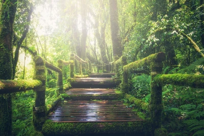 forêt tropicale, pont en bois, lumière du jour, footpath, vert