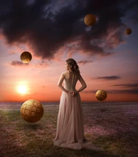 Sueño surrealista del atardecer: Una mujer en un paisaje de fantasía