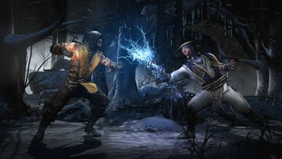 A dramatic showdown between Scorpion and Raiden amidst a dark, snowy forest in Mortal Kombat X, showcasing electrifying combat and powerful abilities.