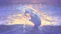 Anime Girl with Umbrella in Rain by the Beach