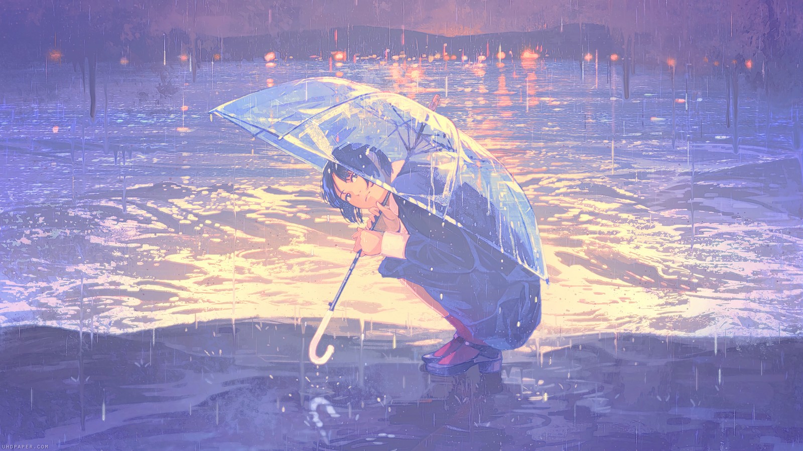 Pintura de uma mulher segurando um guarda-chuva na chuva (meninas de anime, anime, guarda chuva, chovendo, praia)