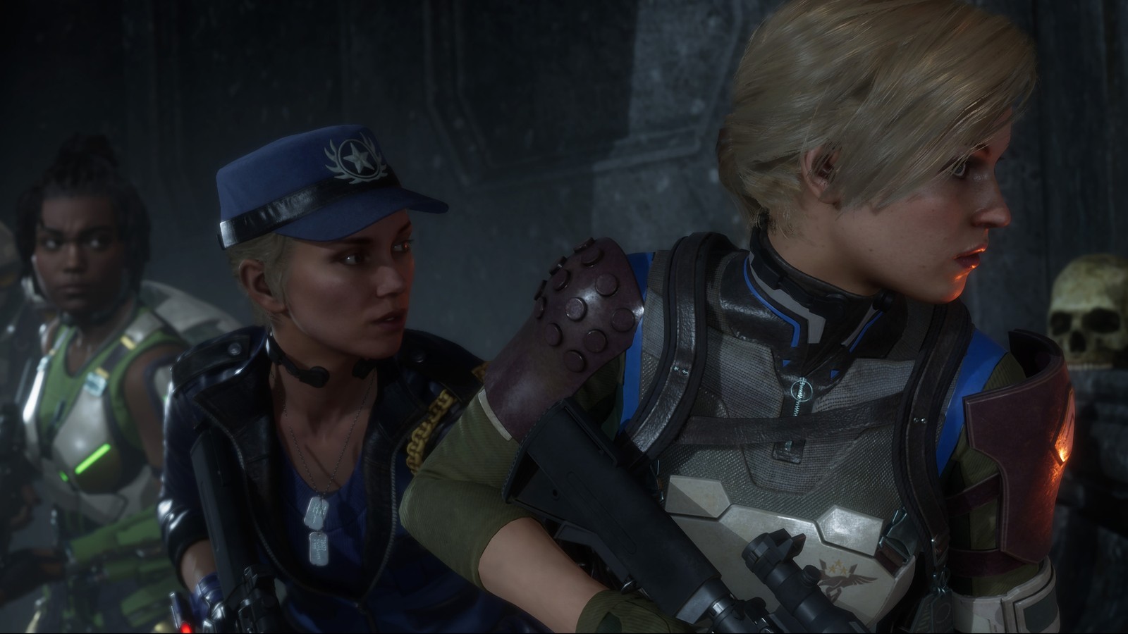 Группа людей в комнате с оружием и черепом (кэсси кейдж, cassie cage, соня блейд, sonya blade, джекки бриггс)