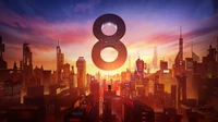 Vibrant Cityscape with a Giant '8' at Sunset