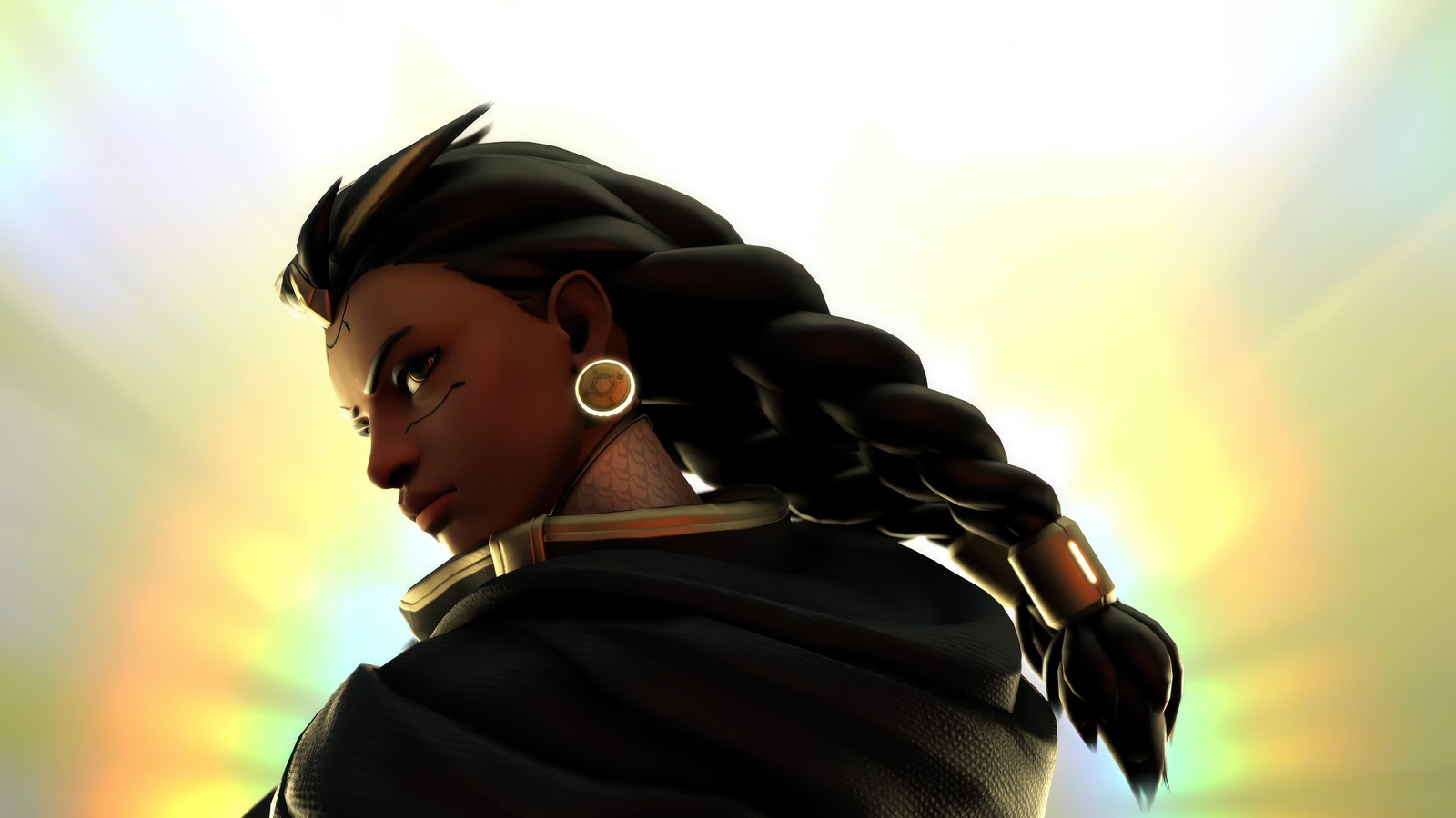 A close up of a woman with a ponytail and a black top (overwatch 2, video game, overwatch, illari)