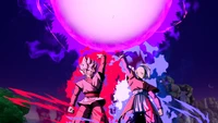 Goku and Ash Unleash a Magenta Energy Sphere in a Dynamic Anime Battle Scene