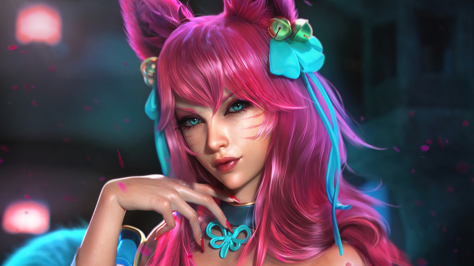 Um close em uma mulher com cabelo rosa e um vestido azul (ahri, flor espiritual, lol, league of legends, jogo de vídeo)