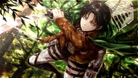 Levi Ackerman em ação em meio a um vibrante fundo de floresta, brandindo sua espada com determinação e agilidade.