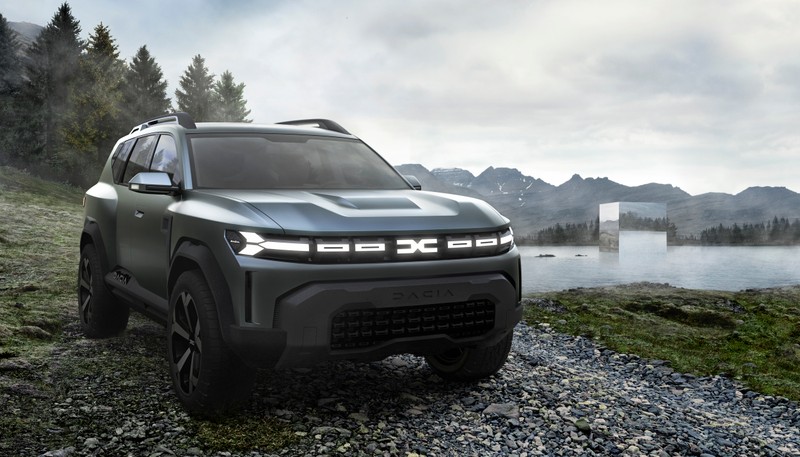 Черный внедорожник, припаркованный на rocky road рядом с озером (dacia bigster concept, 2021, 5k, машины, обои 4k)