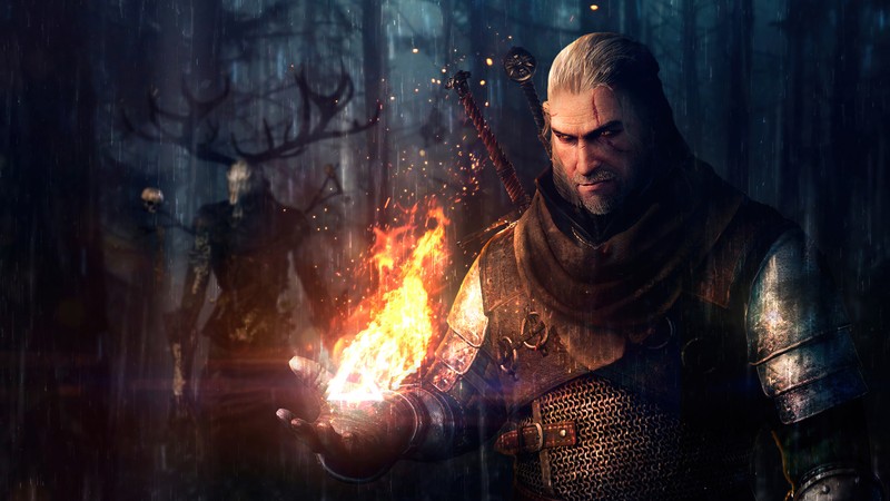 Ведьма в лесу с горящей огнём (геральт из ривии, geralt of rivia, ведьмак 2, the witcher 2, видеоигра)