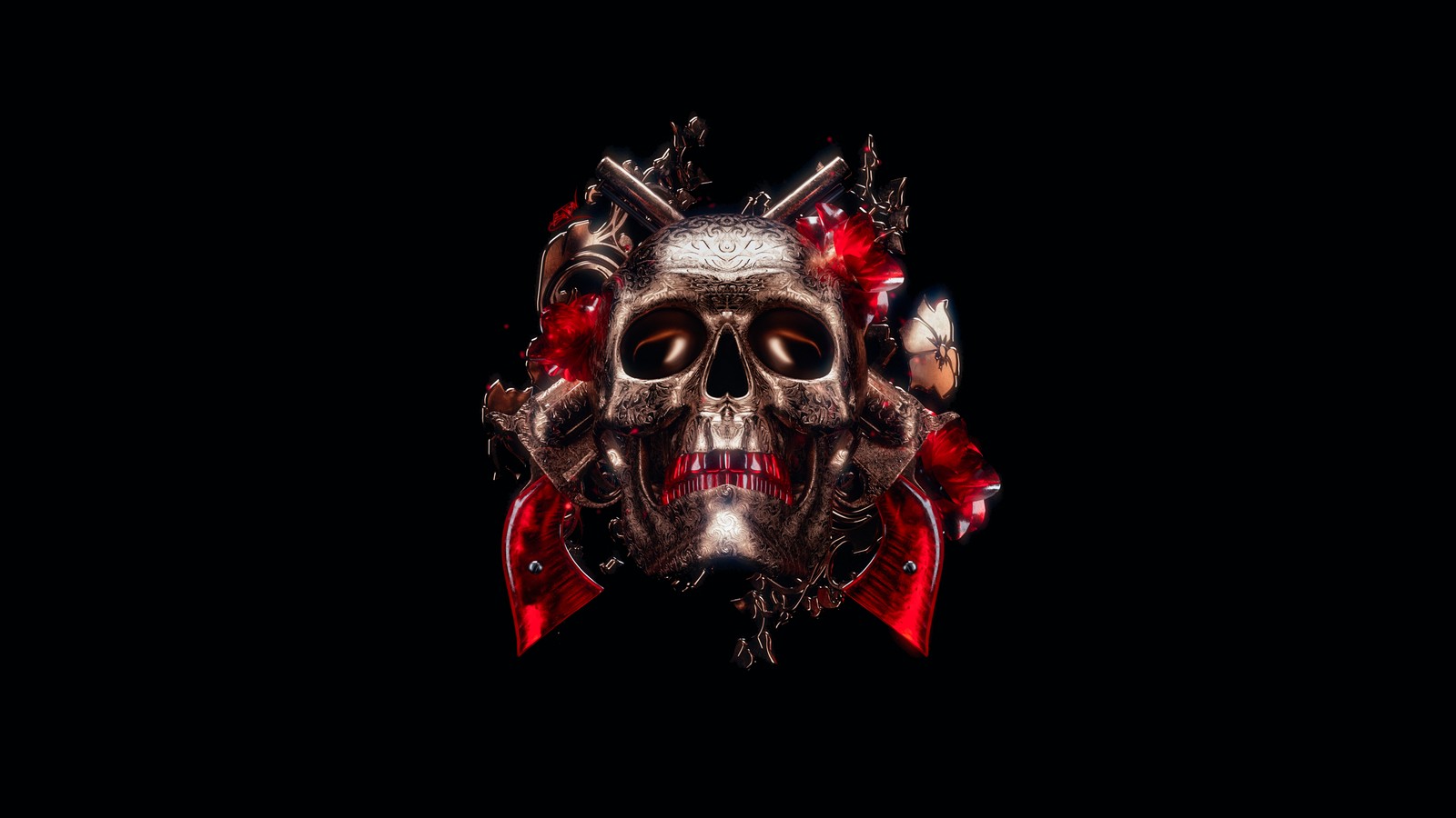 A close up of a skull with a red ribbon on it (skull, 3d, black background, graphics cgi, blackdark)