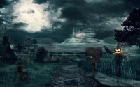 Haunting Midnight Landscape with Pumpkin Scarecrow Under a Cloudy Sky