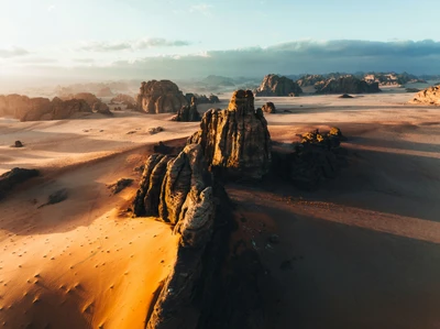 Majestoso platô de arenito ao pôr do sol no deserto de Hisma, NEOM, Arábia Saudita