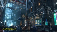 A tense moment in a neon-lit alley, showcasing a cybernetic figure confronting a wounded woman amidst a chaotic urban landscape, embodying the dark allure of Cyberpunk 2077.