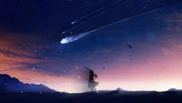 Silhouette of a girl watching comets streak across a colorful sunrise sky.